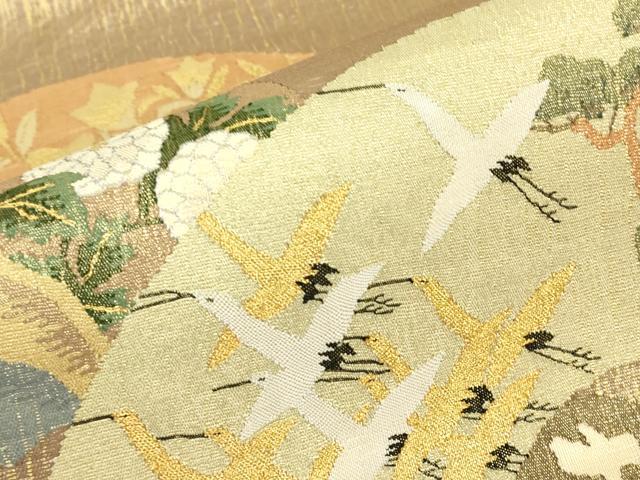平和屋着物▽明綴れ　太鼓柄袋帯　スリーシーズン　春夏秋　地紙飛鶴花文　金糸　正絹　逸品　DABG0576az