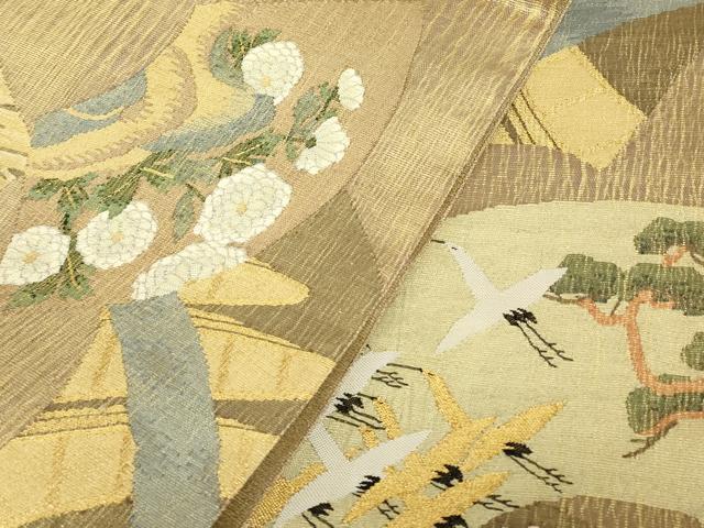 平和屋着物▽明綴れ　太鼓柄袋帯　スリーシーズン　春夏秋　地紙飛鶴花文　金糸　正絹　逸品　DABG0576az