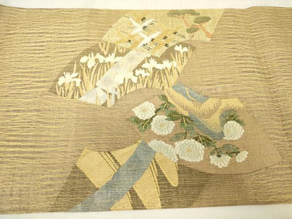 平和屋着物▽明綴れ　太鼓柄袋帯　スリーシーズン　春夏秋　地紙飛鶴花文　金糸　正絹　逸品　DABG0576az