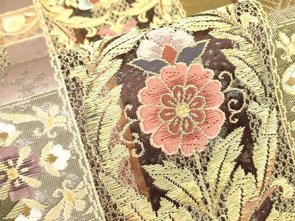 平和屋着物▼西陣　両面　六通柄袋帯　更紗花文　金糸　証紙付き　正絹　逸品　DABG0580az