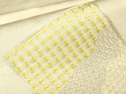 平和屋着物▼太鼓柄袋帯　駒刺繍　総刺繍　破れ色紙花文　銀糸　引箔　正絹　逸品　DABG0654az