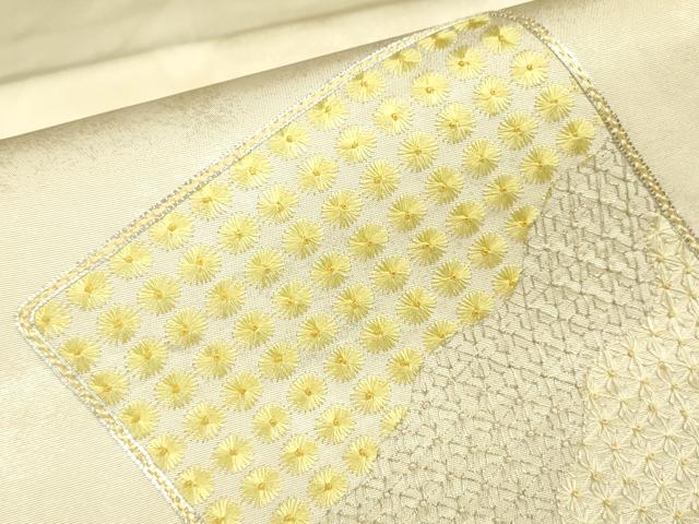 平和屋着物▼太鼓柄袋帯　駒刺繍　総刺繍　破れ色紙花文　銀糸　引箔　正絹　逸品　DABG0654az