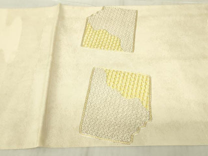 平和屋着物▼太鼓柄袋帯　駒刺繍　総刺繍　破れ色紙花文　銀糸　引箔　正絹　逸品　DABG0654az