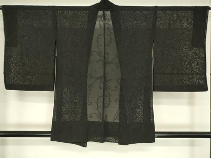 平和屋着物▽羽織　スリーシーズン　春夏秋　塵除け　蔦の葉文　黒地　正絹　逸品　未使用　DABG0661az
