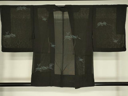 平和屋着物▽羽織　スリーシーズン　春夏秋　塵除け　笹文　手描き　黒地　正絹　逸品　DABG0662az