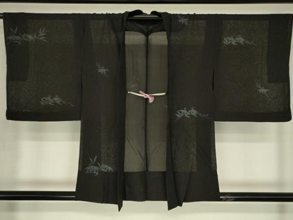 平和屋着物▽羽織　スリーシーズン　春夏秋　塵除け　笹文　手描き　黒地　正絹　逸品　DABG0662az