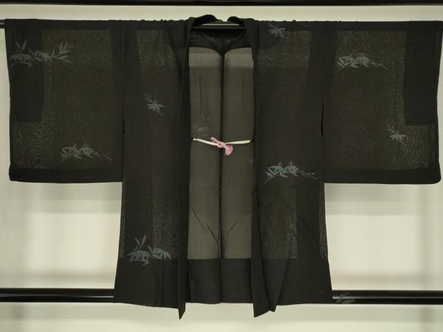 平和屋着物▽羽織　スリーシーズン　春夏秋　塵除け　笹文　手描き　黒地　正絹　逸品　DABG0662az