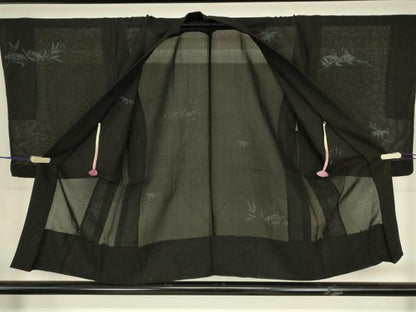 平和屋着物▽羽織　スリーシーズン　春夏秋　塵除け　笹文　手描き　黒地　正絹　逸品　DABG0662az