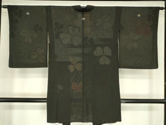 平和屋着物▽長羽織　無双　絽袷　絽×絽　スリーシーズン　春夏秋　塵除け　カタバミ　黒地　正絹　逸品　DABG0664az