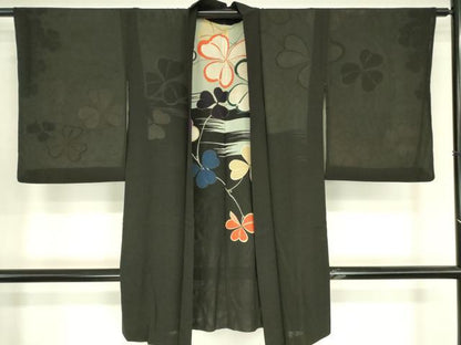 平和屋着物▽長羽織　無双　絽袷　絽×絽　スリーシーズン　春夏秋　塵除け　カタバミ　黒地　正絹　逸品　DABG0664az