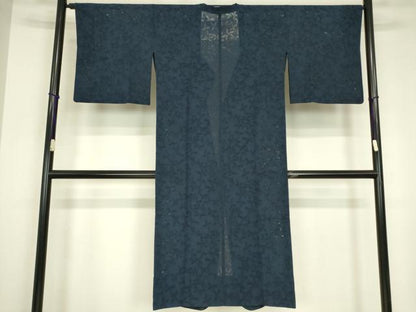 平和屋着物▽道行コート　スリーシーズン　春夏秋　塵除け　舞花文　紺色　ロング丈　鈴乃屋扱い　正絹　逸品　DABG0674az