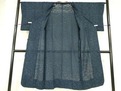 平和屋着物▽道行コート　スリーシーズン　春夏秋　塵除け　舞花文　紺色　ロング丈　鈴乃屋扱い　正絹　逸品　DABG0674az