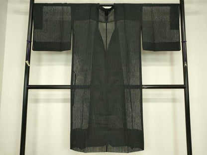 平和屋着物▽道行コート　スリーシーズン　春夏秋　塵除け　二重紗　縞　黒色　ロング丈　正絹　逸品　DABG0676az