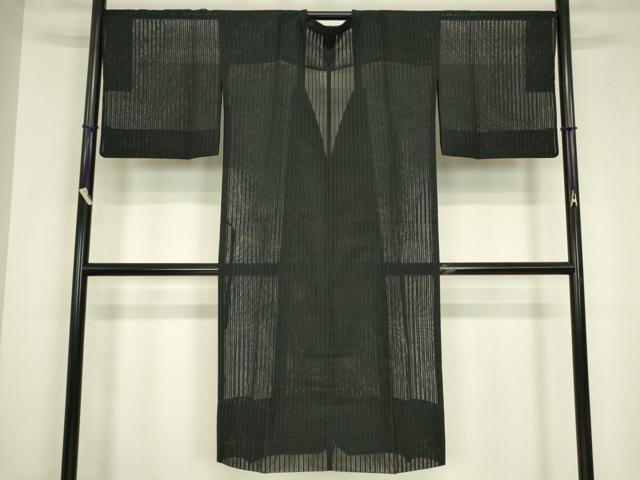 平和屋着物▽道行コート　スリーシーズン　春夏秋　塵除け　二重紗　縞　黒色　ロング丈　正絹　逸品　DABG0676az