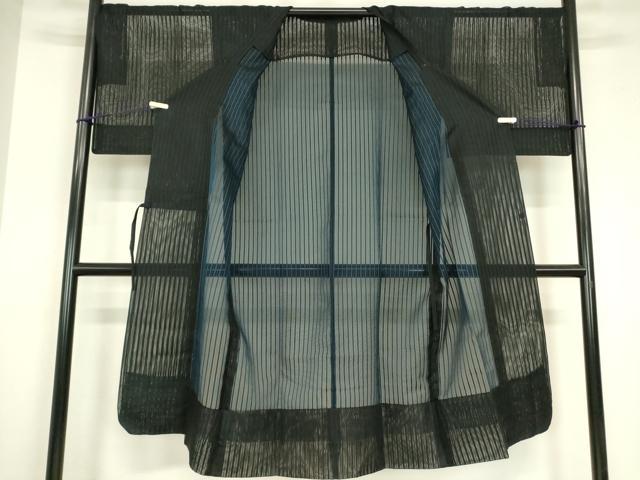 平和屋着物▽道行コート　スリーシーズン　春夏秋　塵除け　二重紗　縞　黒色　ロング丈　正絹　逸品　DABG0676az