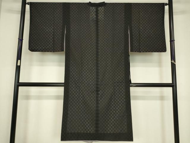 平和屋着物▽道行コート　リバーシブル　スリーシーズン　春夏秋　塵除け　市松文　黒地　ロング丈　正絹　逸品　DABG0677az
