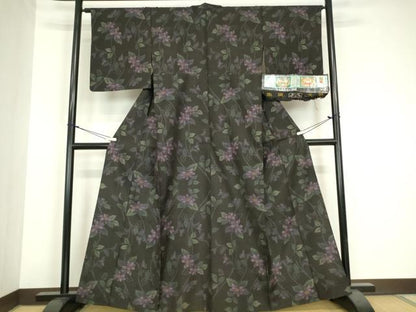 平和屋着物▽本場大島紬　9マルキ　古代染色純泥染　単衣　草花文　阿多利謹製　証紙付き　正絹　逸品　DABG0682az