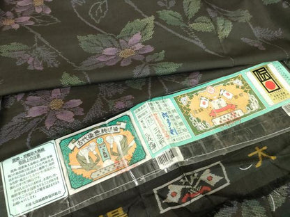 平和屋着物▽本場大島紬　9マルキ　古代染色純泥染　単衣　草花文　阿多利謹製　証紙付き　正絹　逸品　DABG0682az