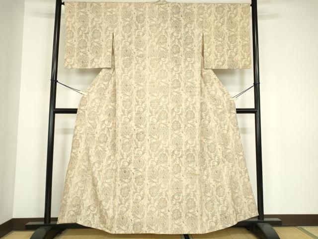 平和屋着物▽本塩沢　単衣　更紗花文　正絹　逸品　DABG0683az