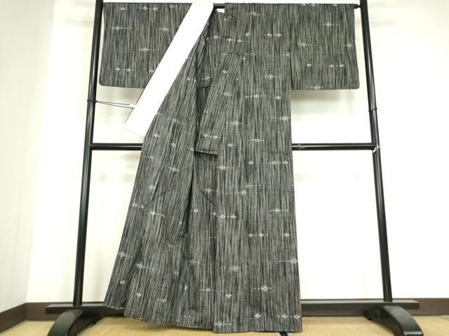 平和屋着物▽上質な紬　単衣　絣花文　黒地　正絹　逸品　DABG0684az