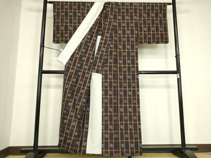 平和屋着物▽上質な紬　単衣　絣格子文　正絹　逸品　DABG0687az