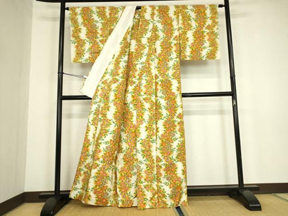 平和屋着物▽上質な紬　単衣　花尽くし文　正絹　逸品　DABG0697az