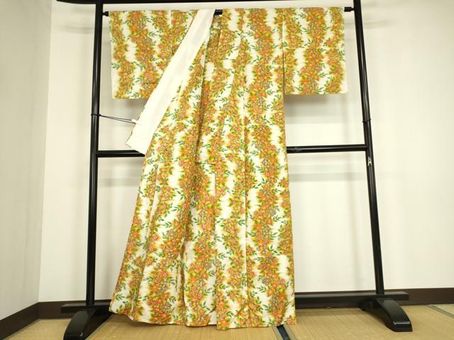 平和屋着物▽上質な紬　単衣　花尽くし文　正絹　逸品　DABG0697az