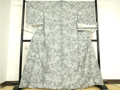 平和屋着物▽都喜ヱ門　本場大島紬　７マルキ　白泥　単衣　紫陽花　総絣　藤絹織物謹製　反端付き　正絹　逸品　DABG0698az