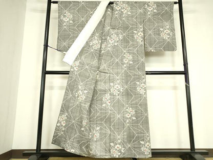 平和屋着物▽上質な紬　単衣　麻の葉花文　正絹　逸品　DABG0712az