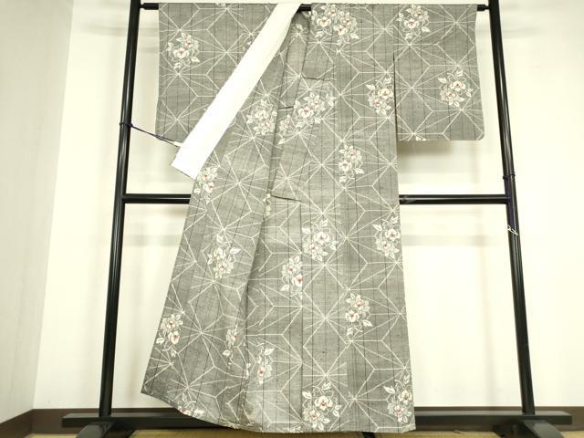 平和屋着物▽上質な紬　単衣　麻の葉花文　正絹　逸品　DABG0712az