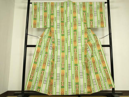 平和屋着物▽上質な紬　単衣　絣花間道　正絹　逸品　DABG0713az