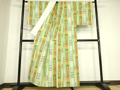 平和屋着物▽上質な紬　単衣　絣花間道　正絹　逸品　DABG0713az