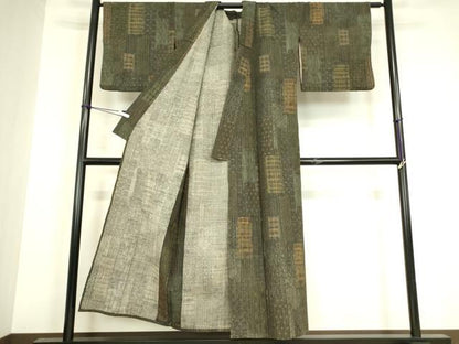 平和屋着物▽上質な紬　単衣　市松花文　正絹　逸品　DABG0715az