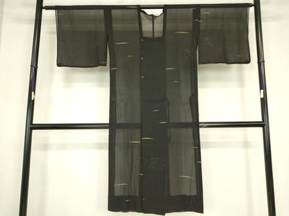平和屋着物▽道行コート　スリーシーズン　春夏秋　塵除け　霞文　黒地　金糸　ロング丈　正絹　逸品　DABG0723az
