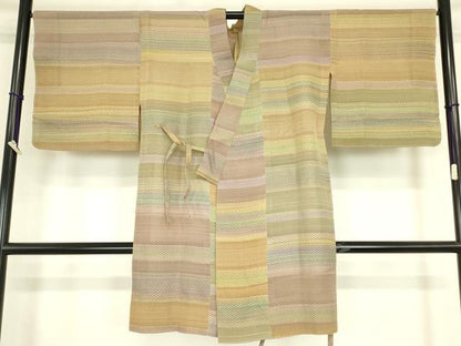 平和屋着物▽染色家 岩浅公展　道中着　スリーシーズン　春夏秋　塵除け　霞横段文　ロング丈　正絹　逸品　未使用　DABG0725az