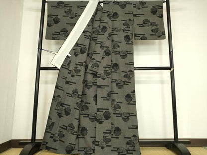 平和屋着物▽本塩沢　単衣　雪輪霞文　正絹　逸品　DABG0748az