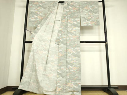 平和屋着物▽小紋　単衣　雲取り笹松文　洗える着物　DABG0758az