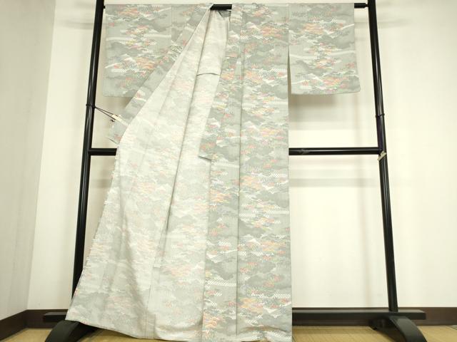 平和屋着物▽小紋　単衣　雲取り笹松文　洗える着物　DABG0758az
