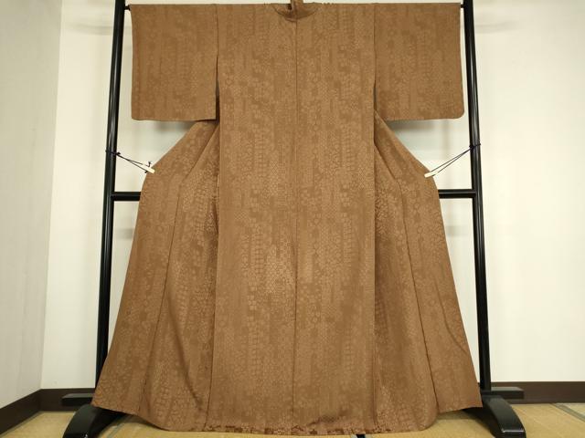 平和屋着物▽幻の染織　夢紫美術館謹製　色無地　単衣　名物裂地紋　柴染色　反端付き　正絹　逸品　DABG0761az