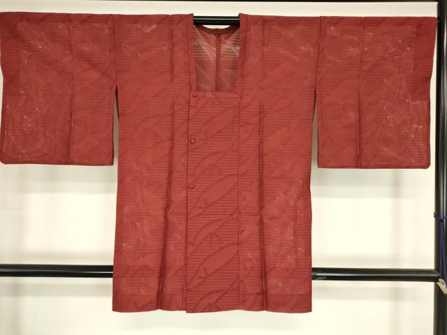平和屋着物▽道行コート　スリーシーズン　春夏秋　塵除け　変わり斜線文　紅海老茶色　正絹　逸品　DABG0762az
