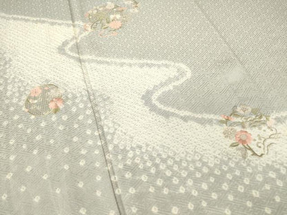 平和屋着物▽中国三大刺繍　スワトウ刺繍　汕頭刺繍　訪問着　単衣　絞り　花丸文　金彩　正絹　逸品　DABG0764az