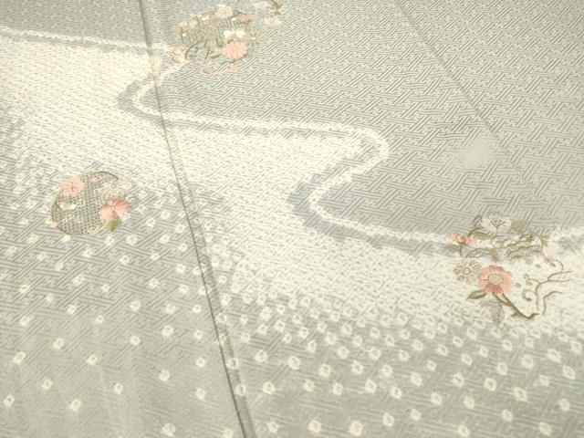 平和屋着物▽中国三大刺繍　スワトウ刺繍　汕頭刺繍　訪問着　単衣　絞り　花丸文　金彩　正絹　逸品　DABG0764az