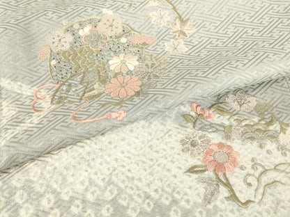 平和屋着物▽中国三大刺繍　スワトウ刺繍　汕頭刺繍　訪問着　単衣　絞り　花丸文　金彩　正絹　逸品　DABG0764az