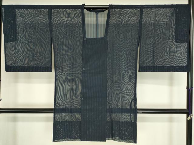 平和屋着物▽道行コート　スリーシーズン　春夏秋　塵除け　二重紗　縞　紺色　ロング丈　正絹　逸品　DABG0769az