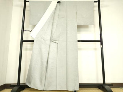 平和屋着物▽上質な色無地　単衣　流水地紋　白鼠色　正絹　逸品　DABG0780az