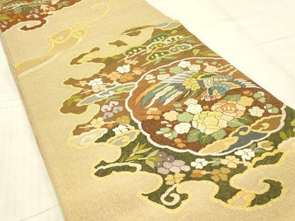 平和屋着物＊夏物　明綴れ　袋帯　花鳥絵皿文　金糸　正絹　逸品　DABG0806az