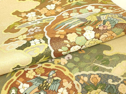 平和屋着物＊夏物　明綴れ　袋帯　花鳥絵皿文　金糸　正絹　逸品　DABG0806az