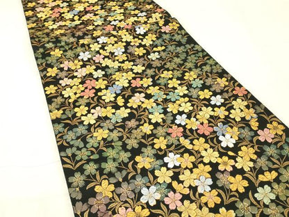 平和屋着物▼六通柄袋帯　桜花吉祥　黒地　金糸　正絹　逸品　DABG0820az