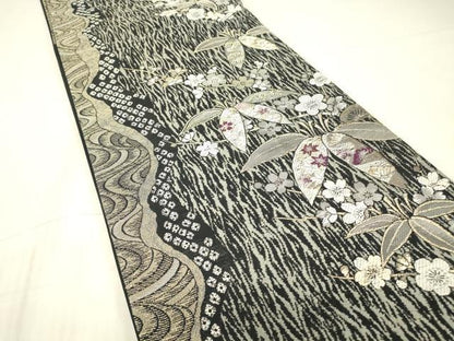 平和屋着物●六通柄袋帯　古代貝紫　笹に枝梅　黒地　金糸　正絹　逸品　DABG0867az