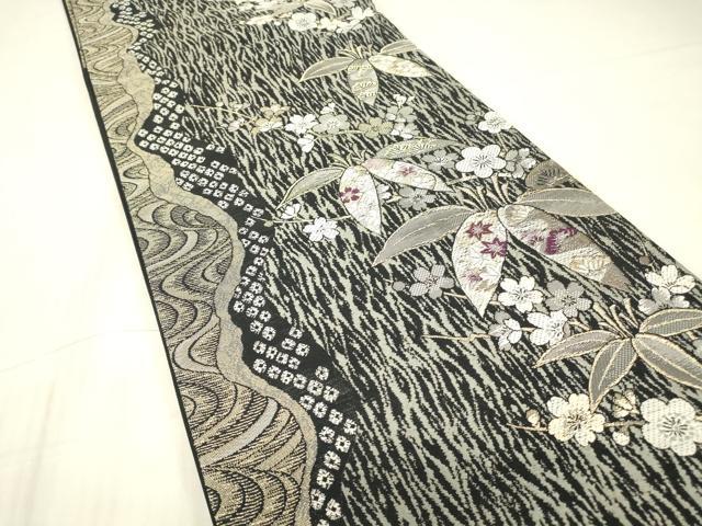 平和屋着物●六通柄袋帯　古代貝紫　笹に枝梅　黒地　金糸　正絹　逸品　DABG0867az